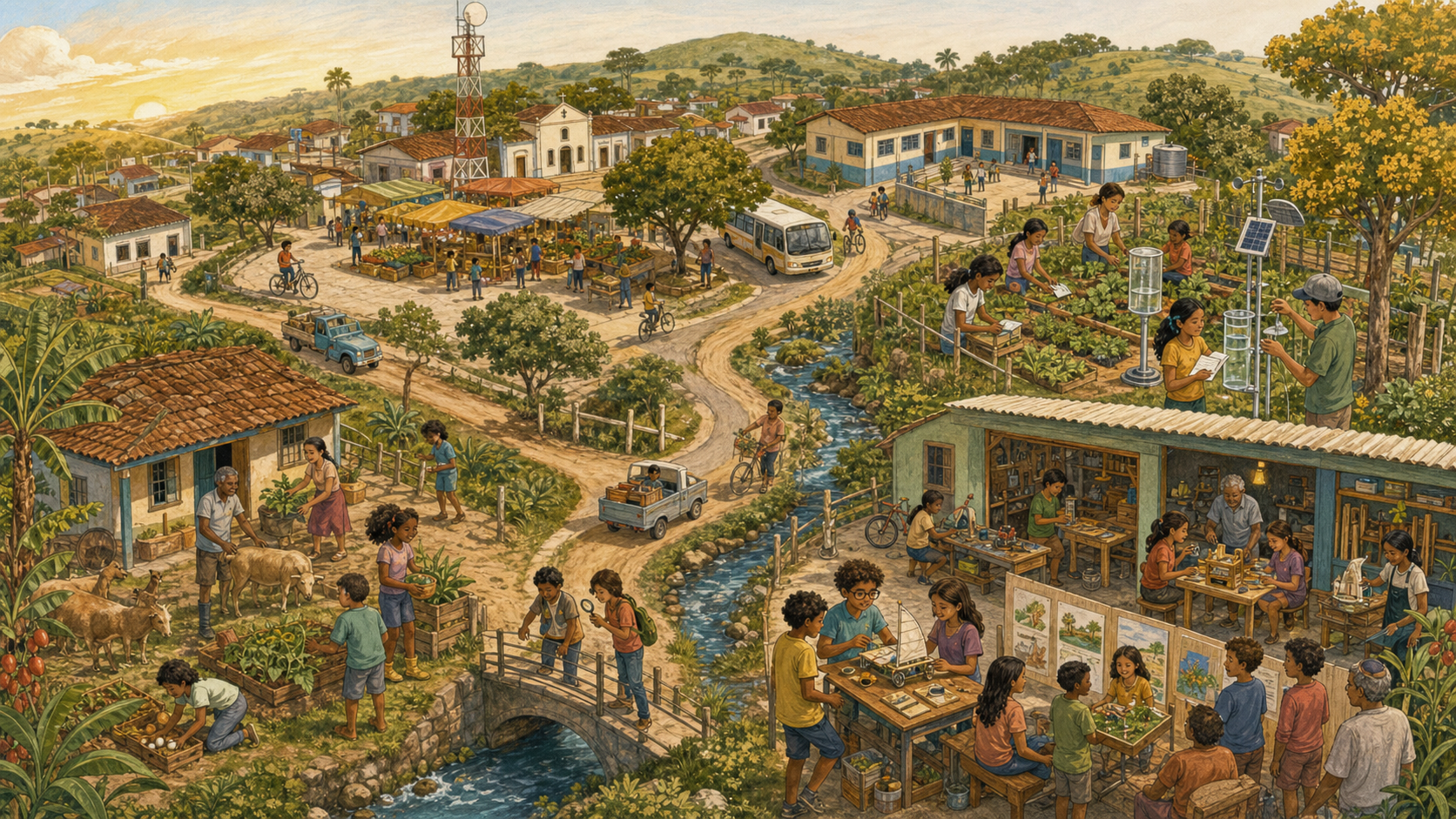 Mapa ilustrado de uma pequena cidade rural brasileira com feira, escola, horta, oficina, comunidade e crianças investigadoras.